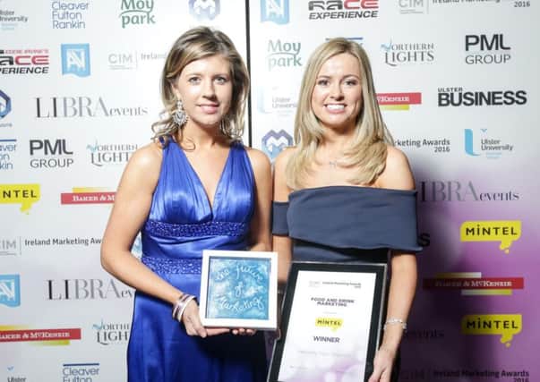 Winner of the CIM Ireland Marketing Awards 2016 Food and Drink Category was Heavenly Tasty Organics. Kirstin Jameson from the company accepts her award from Ciara Rafferty from category sponsor Mintel