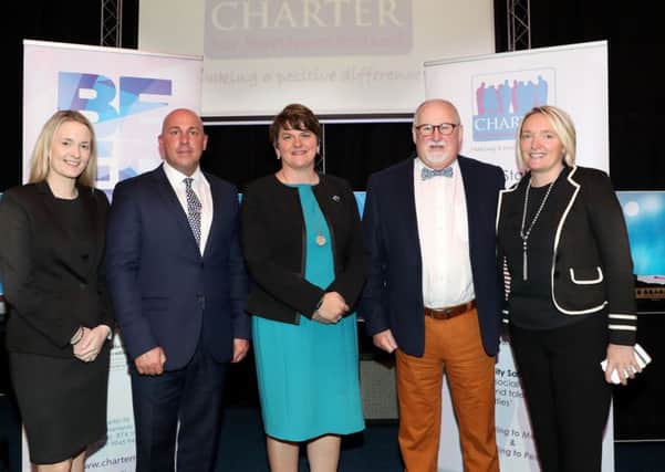 (l-r) Councillor Sharon Skillen; Dee Stitt, CEO Charter NI; First Minister Arlene Foster; Drew Haire, Chairperson Charter NI; Caroline Birch, Project Manager