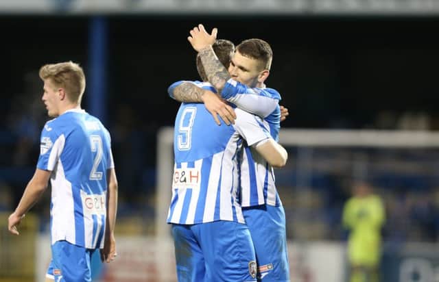 James McLaughlin celebrates with Jordan Allan after he scored Coleraine's second goal. Picture by Andrew Paton/Press Eye