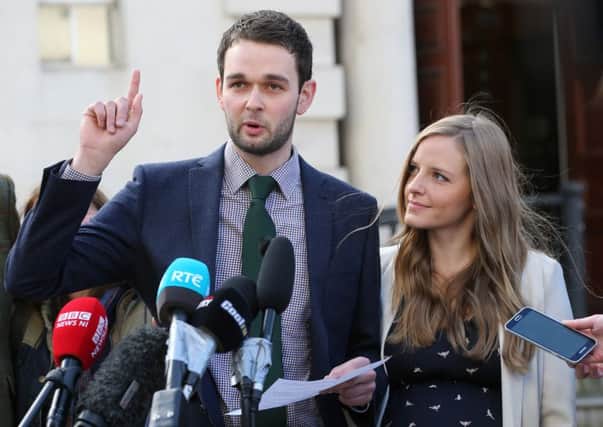 Daniel McArthur, director of Ashers Bakery with wife Amy, outside Belfast High Court