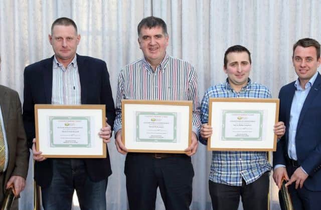 Winter Wheat: L to R is Allan Chambers (UFU Seed and Cereals Chair) Paul Russell (2nd Place) David McKeeman (1st Place) Ian and Philip Loughrin (3rd Place) Canice OHara (Sponsor Origin NI) and Gerry Kelly (Sponsor BASF)