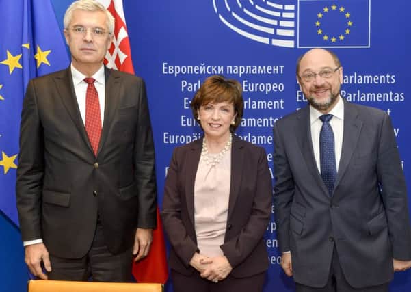 DUP MEP Diane Dodds pictured with President of the European Parliament, Martin Schulz, and the Government Plenipotentiary for the Slovak Presidency of the Council of the EU, Ivan Korcok, at the signing of her report amending the EU's Long-term Cod Management Plan in Strasbourg. Photo accredited to the Â© European Union 2016