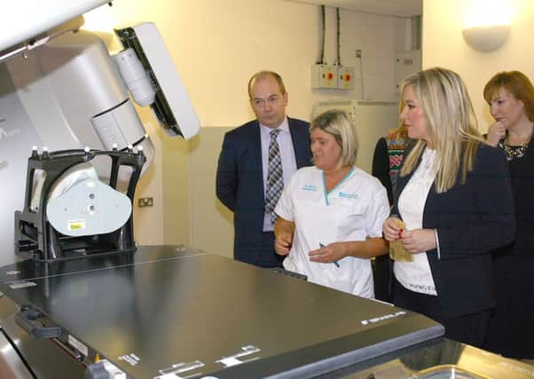 Health Minister Michelle O'Neill at the NI Cancer Centre yesterday.