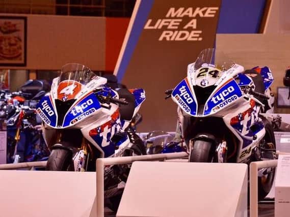 Ian Hutchinson's and Christian Iddon's Tyco BMW machines on display at the NEC in Birmingham at Motorcycle Live prior to the theft.