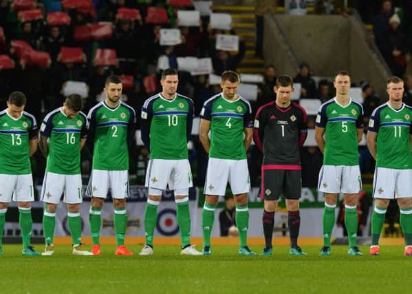 The minute's silence during the football game at the National Stadium Windsor Park on November 11. 
Fifa is investigating Wales and Northern Ireland over poppy displays during the World Cup qualifiers. Photo Colm Lenaghan/Pacemaker
