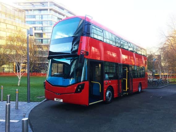 The new Wrightbus zero-emission double deck bus launched at Londons City Hall