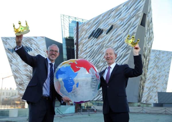 Titanic Belfast CEO Tim Husbands MBE and Vice Chairman Conal Harvey as they celebrate being named the Worlds Leading Tourist Attraction.