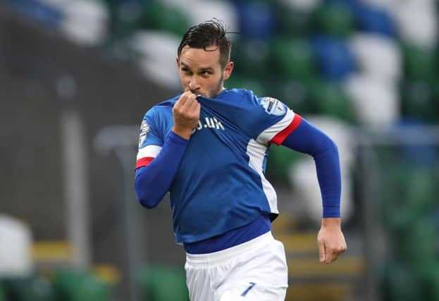 Linfield's Andrew Waterworth celebrates scoring against Carrick during Saturdays Danske Bank Premiership game at the National Stadium at Windsor Park.  Photo by William Cherry/Presseye
