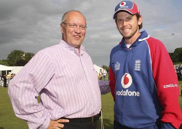 Austin Hunter, who was a keen cricket fan, pictured with Ireland and England batsman  Ed Joyce at Stormont.
 Picture: Gavan Caldwell