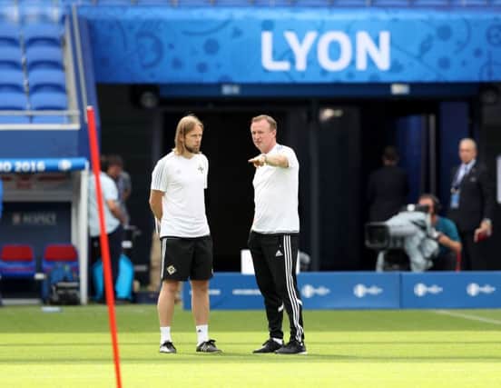 Northern Ireland's Austin MacPhee pictured with Michael O'Neill during the Euro 2016 tournament in France. Photo by William Cherry