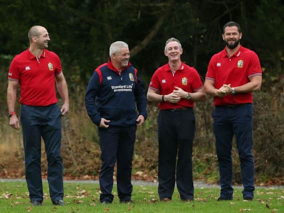 Warren Gatland (second left) with members of his coaching staff Steve Borthwick (left), Rob Howley and Andy Farrell (right) following a press conference to announce the 2017 British and Irish Lions coaching staff at Carlton House, Dublin.