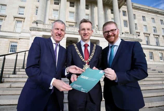 Ministers Ã“ Muilleoir and Hamilton with Belfast Lord Mayor Brian Kingston