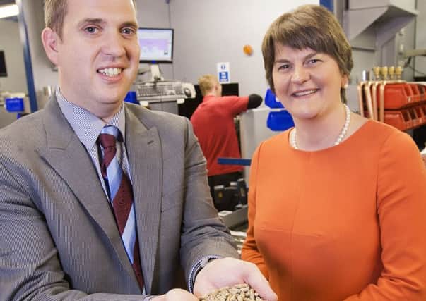 Arlene Foster, right,  Warmflow Engineering Co Ltd Managing Director Stuart Cousins during a visit to the company's premises