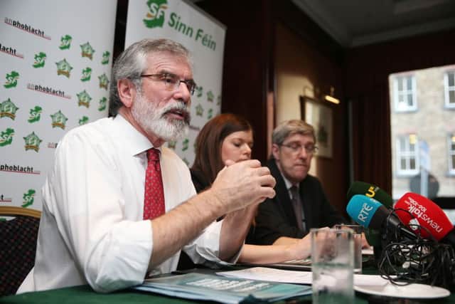Sinn Fein leader Gerry Adams (left) during a Sinn Fein press conference at the Davenport Hotel in Dublin at which he was confronted by Austin Stack in December. Photo: Brian Lawless/PA Wire
