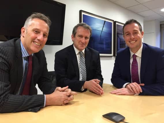 North Antrim MP Ian Paisley MP pictured at the announcement in London with Minister of State for Employment Damian Hinds and Communities Minister Paul Givan