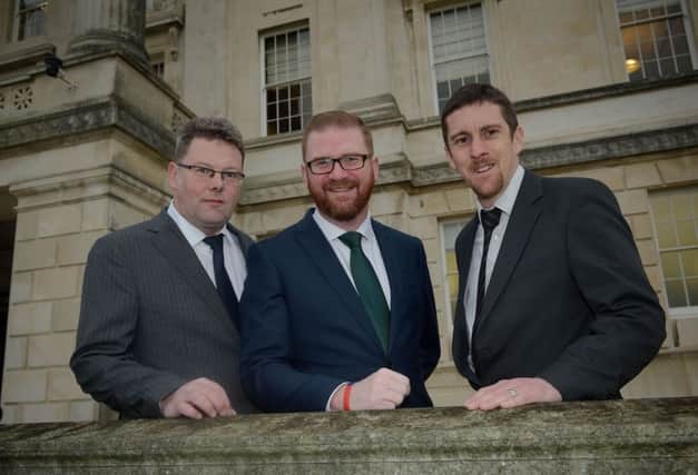 Pictured at the jobs announcement at Parliament Buildings with Mr Hamilton are TerraQuest chief financial officer Simon White, left,, and Geoff Evans operations manager