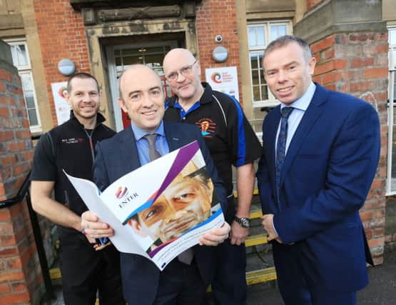 Launching the ENTER programme are,  James Rees-Hopkins, owner of Redzone Fitness, Jonathan McAlpin, CEO, East Belfast Enterprise, Terry McCorran of City of Belfast Boxing Academy, and Colin Mounstephen of Deloitte