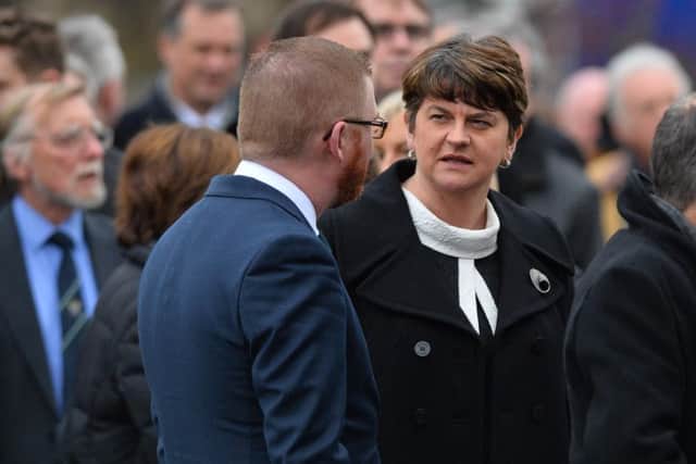 First Minister Arlene Foster and Simon Hamilton at a Thanksgiving service for former BBC journalist and News Letter editor Austin Hunter, at Second Comber Presbyterian Church  in Comber on Monday. 
Photo Colm Lenaghan/Pacemaker Press