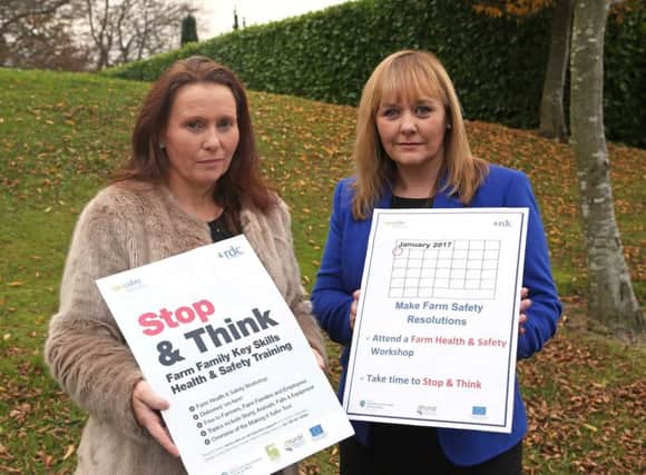 Agriculture Minister Michelle McIlveen (right) and Teresa Canavan, Chief Executive of the Rural Development Council (left),  encourage farmers to make farm safety a priorityin by signing up for new free farm safety workshops under the Farm Families Key Skills initiative.The workshops begin in January 2017 and places can be reserved online at http://www.cafre.ac.uk/industry-support/farm-family-key-skills.