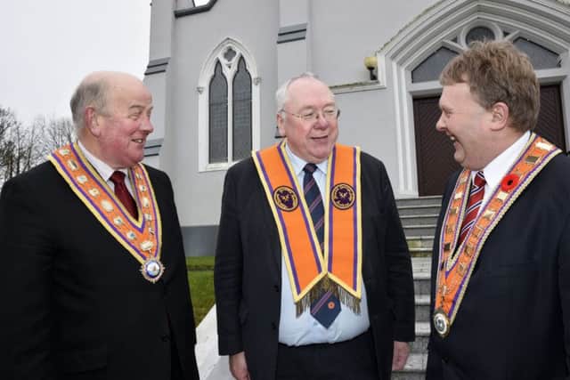 Pictured following the Grand Lodge meeting in Eglinton are (L-R) Grand Master Edward Stevenson; Grand Secretary Rev Mervyn Gibson, and Deputy Grand Master Harold Henning. Photo by Keith Moore