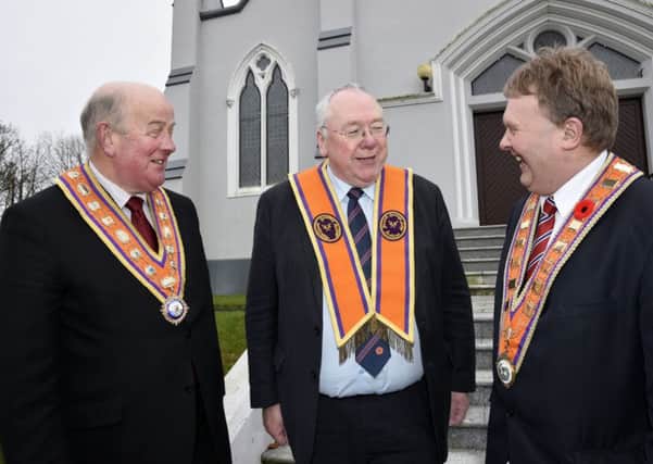 Pictured following the Grand Lodge meeting in Eglinton are (L-R) Grand Master Edward Stevenson; Grand Secretary Rev Mervyn Gibson, and Deputy Grand Master Harold Henning. Photo by Keith Moore