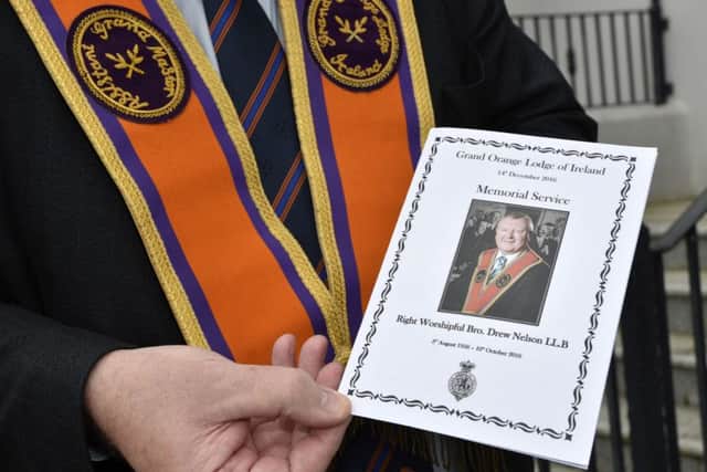 Senior Orangemen paid their respects at a memorial service to the late Drew Nelson during the Grand Lodge meeting in Eglinton. Photo by Keith Moore