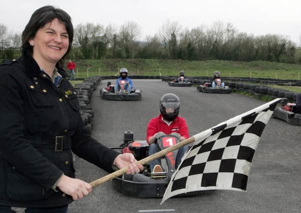 DUP MLA and now-First Minister Arlene Foster, pictured at the official opening of Lakeland Karting, during her time as enterprise minister