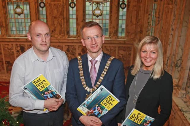 Lord Mayor Alderman Brian Kingston joins the Chief Executive of Belfast City Council Suzanne Wylie and Seamus Mullan from the Belfast Health Trust to open the public consultation on the first community plan for the city - the Belfast Agenda