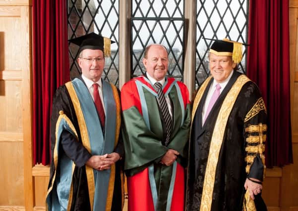 Pictured left to right are Queens Universitys Vice-Chancellor Patrick Johnston Professor John McCanny and the Universitys Chancellor Thomas J Moran.