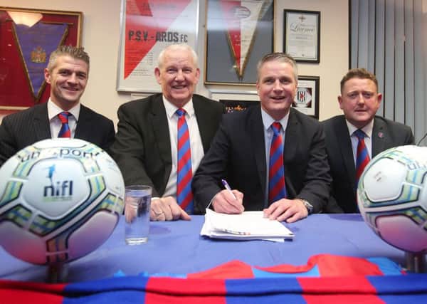 Left to right:  Darren Nixon, Ards chairman Brian Adams , Colin Nixon and Warren Patton pictured at the Ards FC supporters club in Newtownards where the new management team was announced.  

Picture by Jonathan Porter/Press Eye