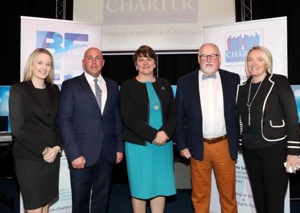 First Minister Arlene Foster is pictured with DUP Councillor Sharon Skillen, Dee Stitt, CEO Charter NI, Drew Haire, chairman of Charter NI, and Caroline Birch, Charter NI project manager.