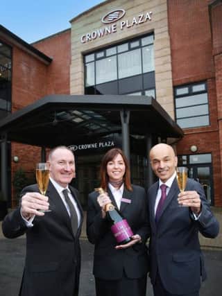 Rajesh Rana , right, of Andras Hotels  with Visit Belfast CEO Gerry Lennon and Stacy Feeney, Crowne Plaza