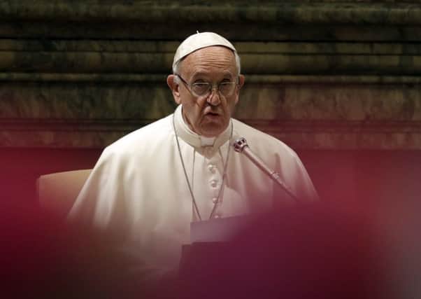 Pope Francis delivers his message to prelates on the occasion of his Christmas greetings to the Roman Curia in the Clementine Hall, at the Vatican, Thursday, Dec. 22, 2016