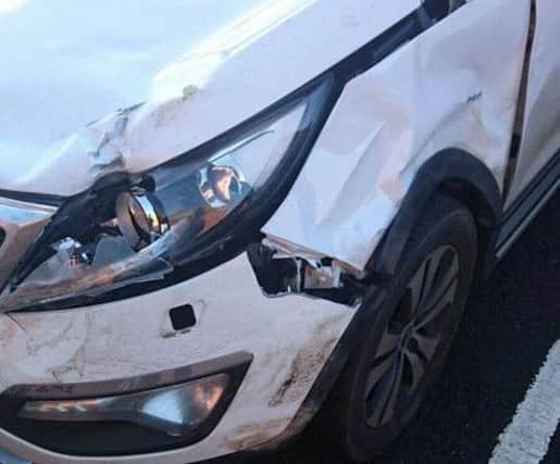A picture posted by PSNI Banbridge showing the damage to the car that struck a stag on the A1 dual carriageway on Wednesday, December 28.