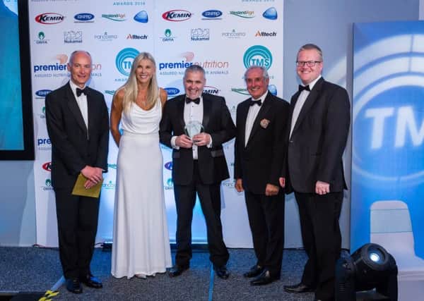Damian Gilmore, Ballygalget, pictured at the TMS Awards Night in Telford, receiving the Best Udder and Foot Health Award from former Olympic swimmer Sharron Davies MBE, and Welsh rugby legend Sir Gareth Edwards CBE.  Also pictured are Steve Pritchard, Premier Nutrition (far left), and Dr Ronald Annett, McLarnon Feeds (far right)