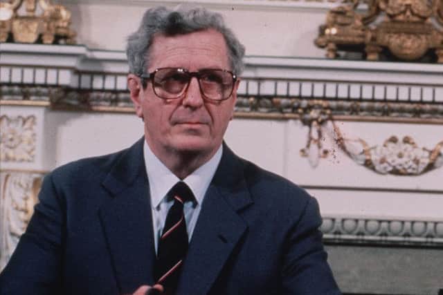 Garrett FitzGerald at the 1985 signing of the Anglo Irish Agreement. Pic PACEMAKER BELFAST