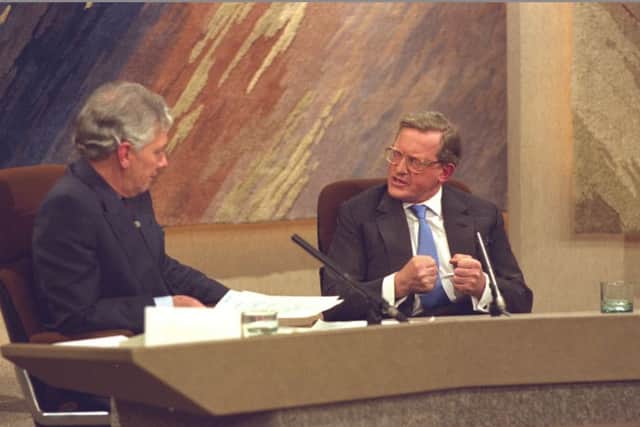 Broadcaster Gay Byrne (left) interviewing the former Secretary of State Tom King on The Late Late Show in March 1989. Picture courtesty of RTÉ Stills Library