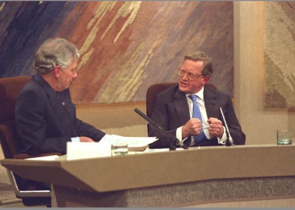 Broadcaster Gay Byrne (left) interviewing the former Secretary of State Tom King on The Late Late Show in March 1989. Picture courtesty of RTÃ‰ Stills Library