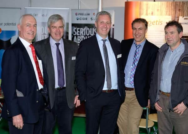 Pictured on the Zoetis stand at the RUAS Winter Fair. From left: Nelson Trimble, Kircubbin; Patrick MacFarlane and Raymond Irvine, Zoetis; Richard Trimble, Kircubbin and Andy Mayne, Jubilee Veterinary Clinic. Photograph: Columba O'Hare