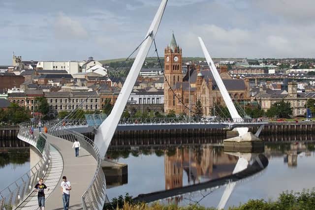 A view of the Peace Bridge and the Guildhall in Londonderry, a key nationalist battleground in the forthcoming election