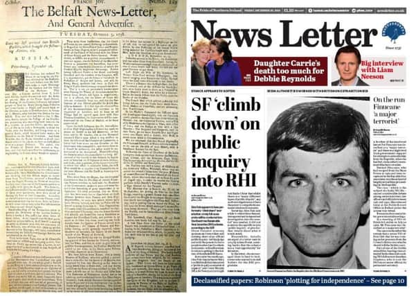 News Letter front pages side by side, earliest surviving edition October 3 1738 and the penultimate edition from 2016, Friday December 30