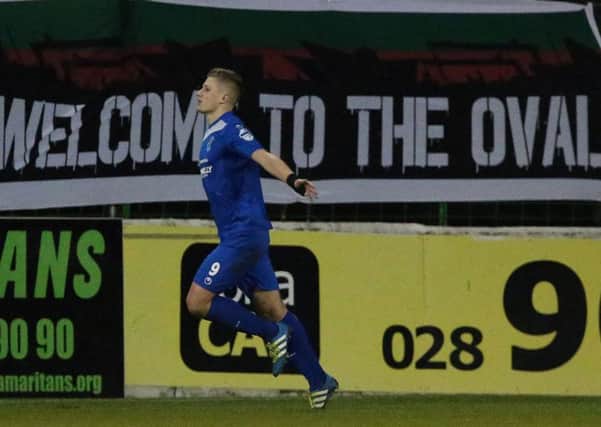 Dungannon Swifts  Andrew Mitchell celebrates scoring his second goal against Glentoran during the  New Year's Eve Danske Bank Premiership match  at The Oval.
Picture by Brian Little/PressEye