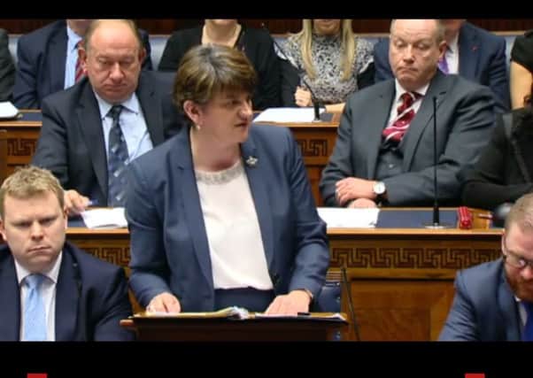 Arlene Foster addressing DUP colleagues only in the Assembly on the RHI scandal last month.