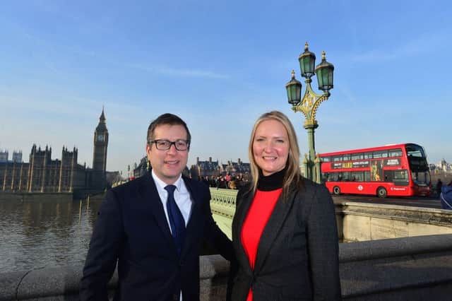 Ulster Business Editor David Elliott and Andrea Hunter of Aer Lingus launch the 2017 Viscount Awards on Londons Westminster Bridge