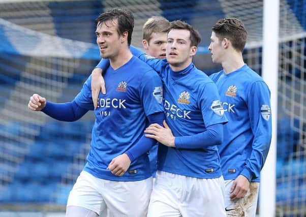 Glenavon scorers James Gray and Andy McGrory celebrate. Photo Alan Weir/Pacemaker Press