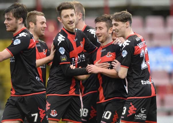Crusaders Michael Carvill Celebrates his goal against Ards