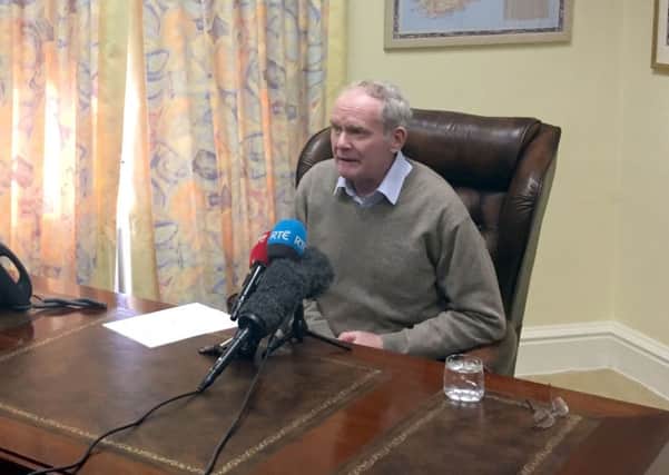 Martin McGuinness announcing his resignation at his office in Stormont Castle, in protest at the Democratic Unionist Party's handling of a botched renewable energy scheme. PRESS ASSOCIATION Photo.