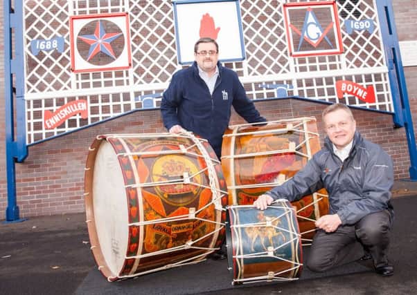 Museum curator Dr Jonathan Mattison (left) and David Scott of the Orange Order showcase a selection of Lambeg drums ahead of the specialised musical workshops, commencing this weekend