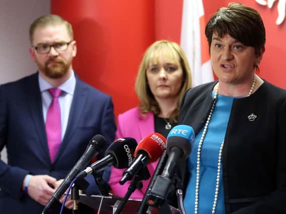 Democratic Unionist Party leader Arlene Foster (centre) holds a Press conference with her Northern Ireland Executive ministers at DUP party Head quarters in Belfast as the UK Government has appealed to Northern Ireland's political leaders to step back from the brink of the current political crisis