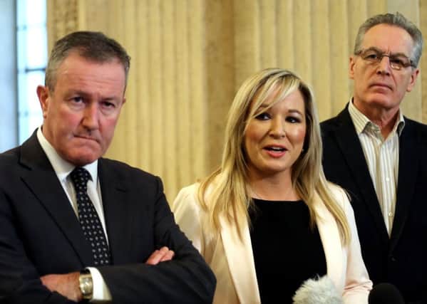 (From the left) Sinn Fein's Conor Murphy, Michelle O'Neill and Gerry Kelly speaking to the media at Stormont Parliament in Belfast, as the Prime Minister and Irish Taoiseach have pledged to work together to find a way through the political crisis that has threatened devolution in Northern Ireland